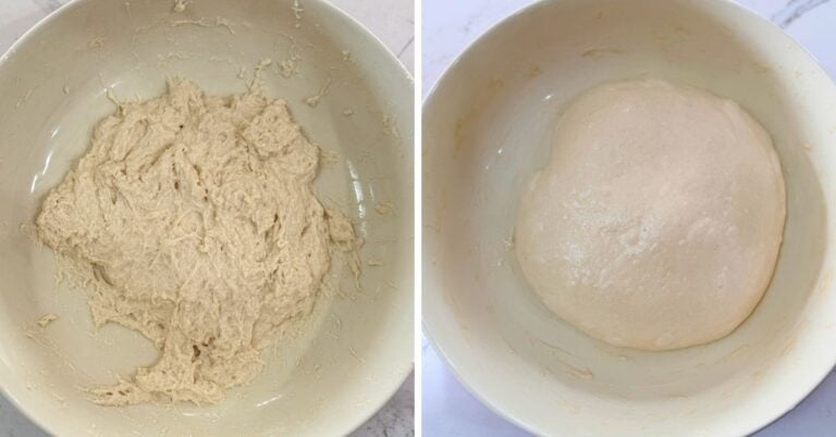 focaccia dough before and after bulk fermentatoin