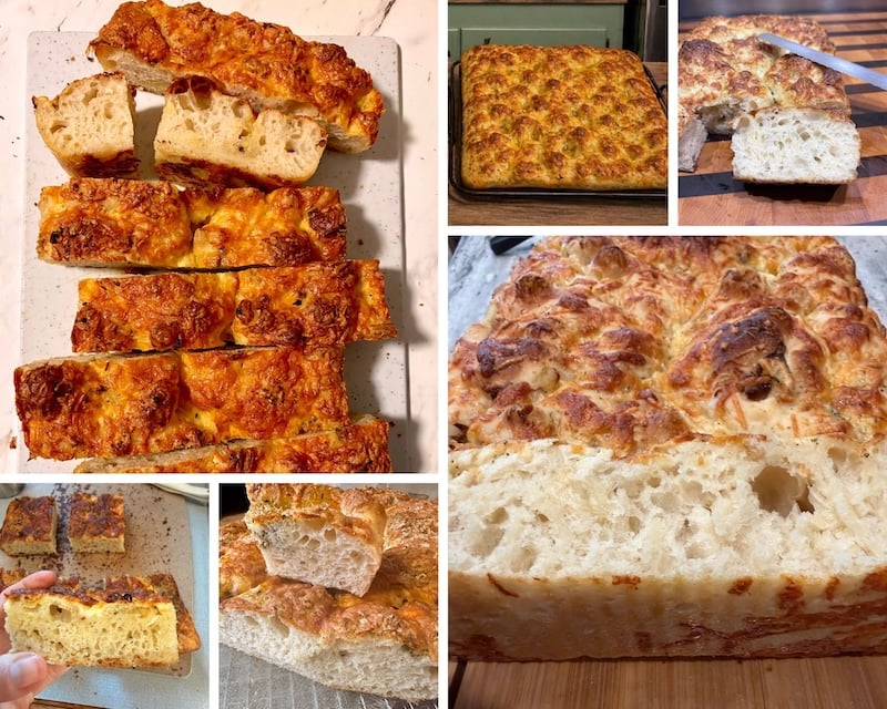 Compilation of recipe tester photos of roasted garlic and cheese sourdough focaccia