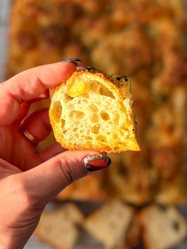 hand holding a sliced piece of garlic and cheese sourdough focaccia showing the airy interior crumb