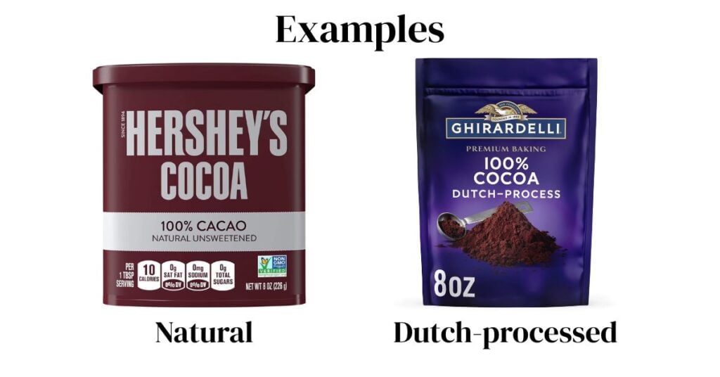 examples of two types of cocoa - Hershey's natural cocoa and ghirardelli dutch-process cocoa.