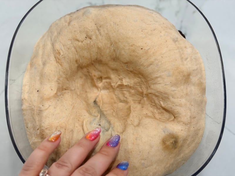 risen cinnamon raisin bagel dough with a deep imprint after punching it down