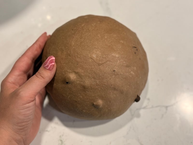 smooth chocolate bagel dough ball after mixing in the stand mixer