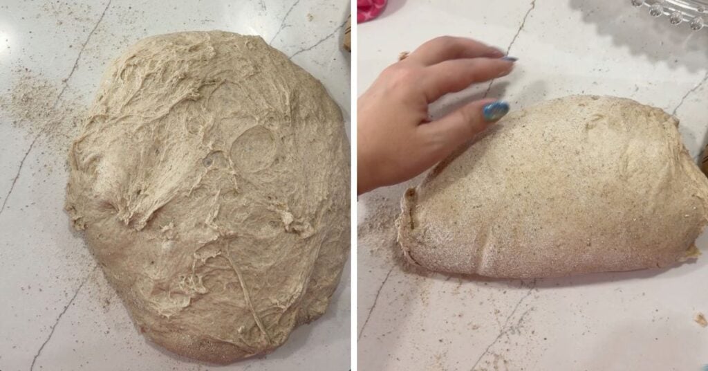 dumping out and flipping hint of rye sourdough bread for pre shaping