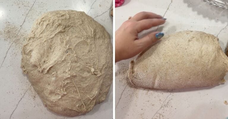 dumping out and flipping hint of rye sourdough bread for pre shaping