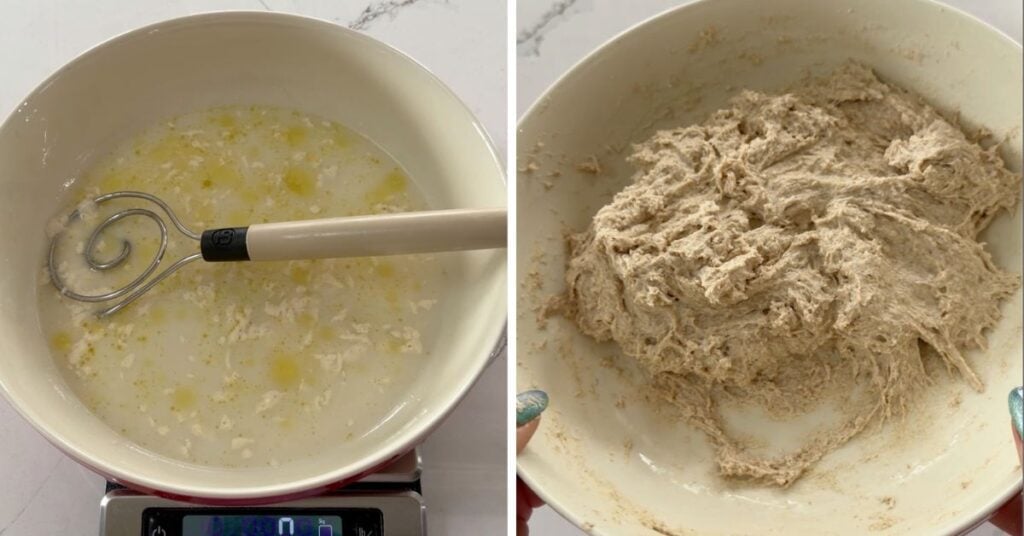 sourdough ingredients before mixing and the mixed hint of rye dough in a bowl