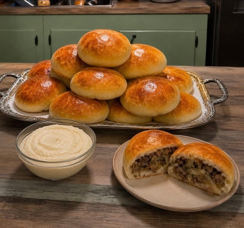 a platter of sourdough bierocks alongside Lin Landrum's horseradish dip