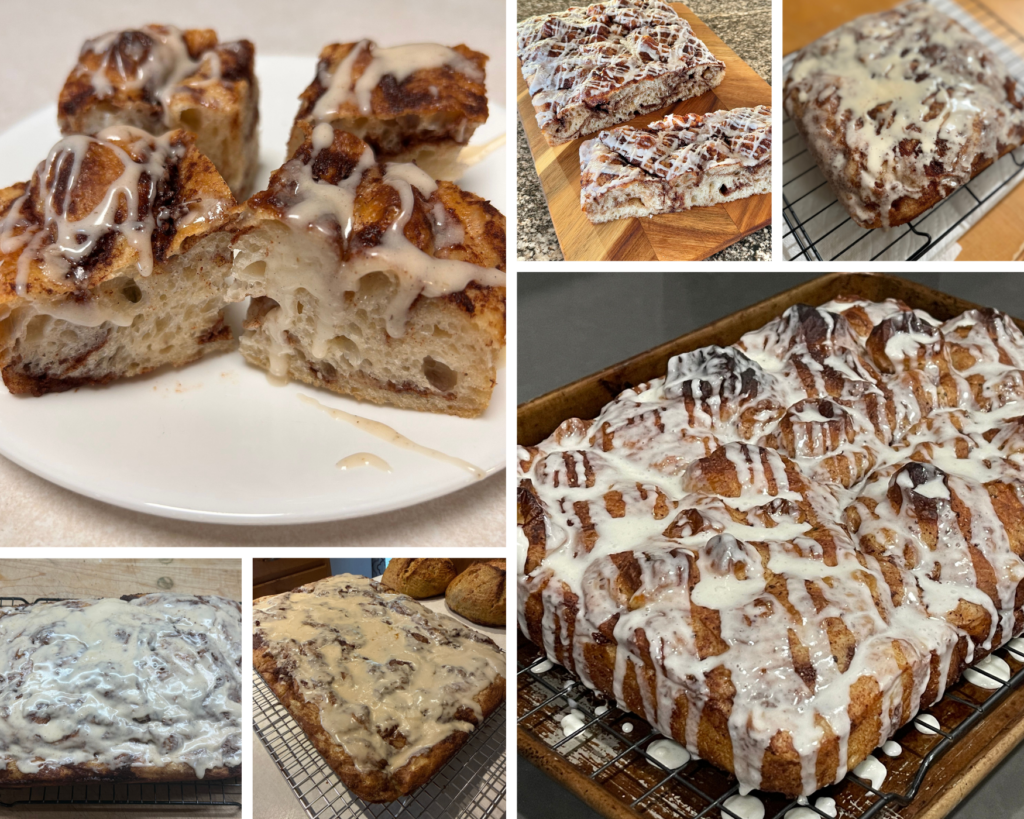 Collage of tester-made cinnamon roll sourdough focaccia with cinnamon swirls and white glaze