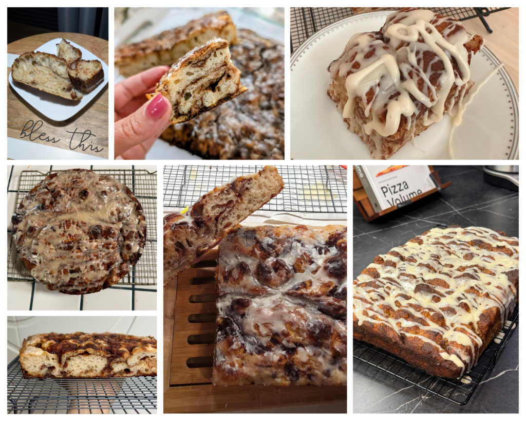 Collage of tester-made cinnamon roll sourdough focaccia with cinnamon swirls and white glaze