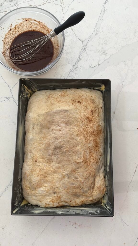 cinnamon roll focaccia dough after second proof