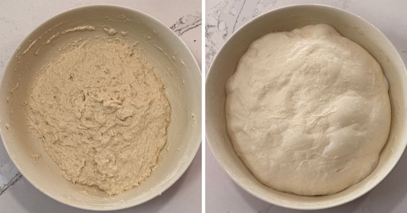 cinnamon roll focaccia dough at the start and end of bulk fermentation, showing the rise from a rough mixture to a puffy, expanded dough