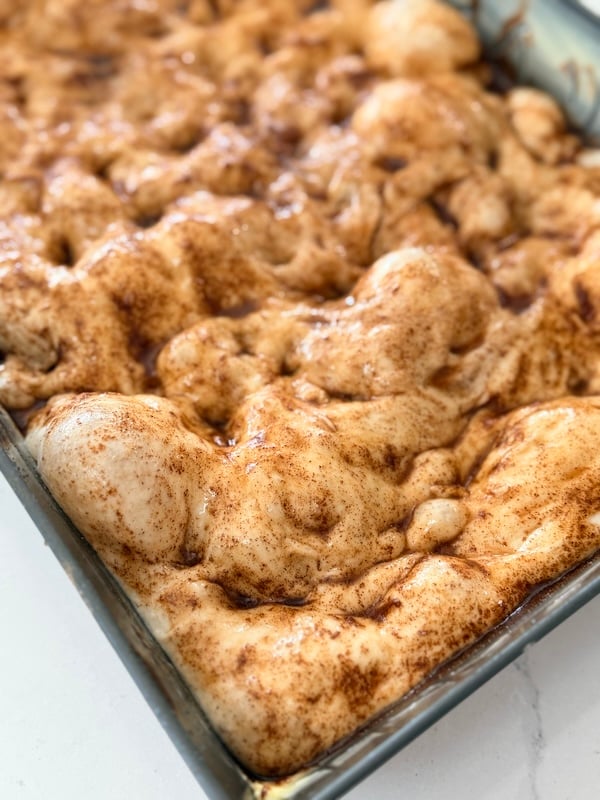 dimpled cinnamon roll focaccia dough