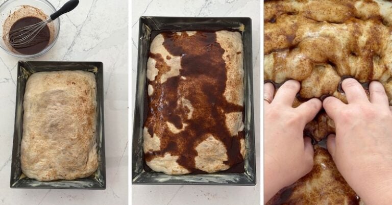 dimpling cinnamon roll sourdough focaccia with wet cinnamon butter mixture