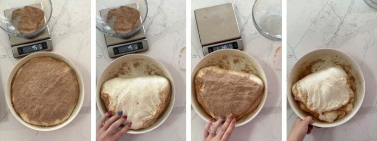 layering dry cinnamon sugar mix into the focaccia dough