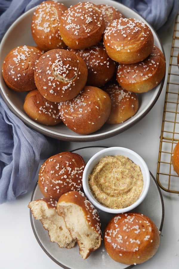 serving soft sourdough pretzel bites with stone-ground mustard