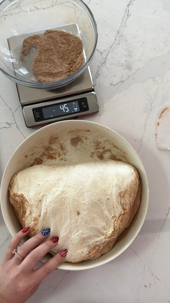 stretch and folding the dough over the dry cinnamon-sugar mixture