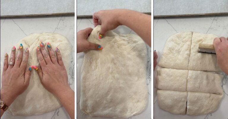 stretching and dividing ciabatta dough