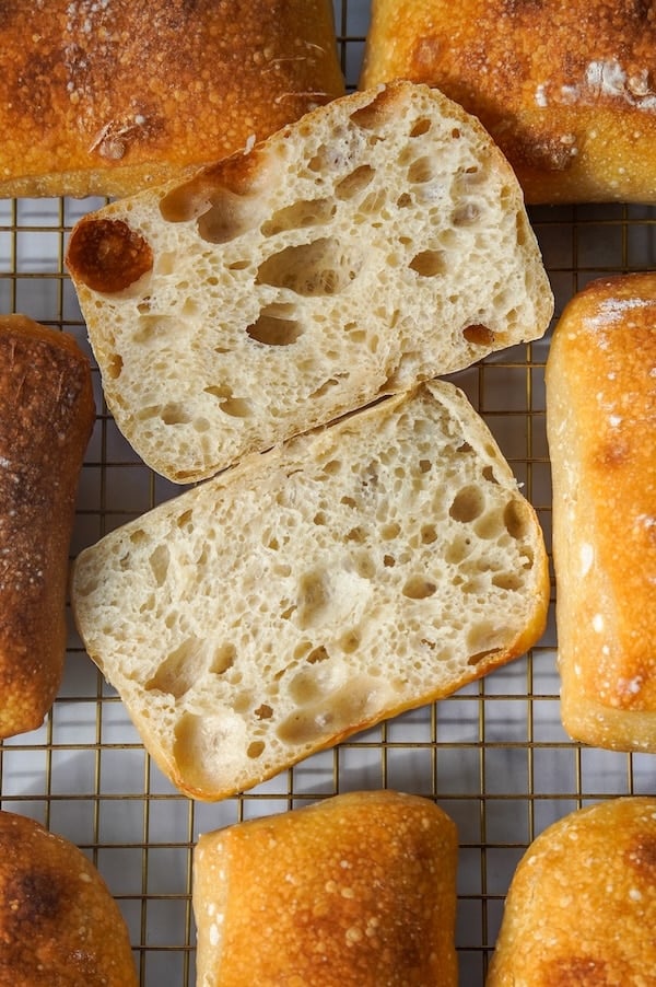 a more detailed look at the open crumb of sourdough ciabatta rolls