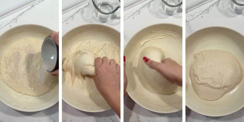 four-step collage showing salt added to sourdough ciabatta dough and worked in by hand until combined
