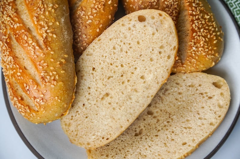 close up of the crumb on sourdough hoagie rolls