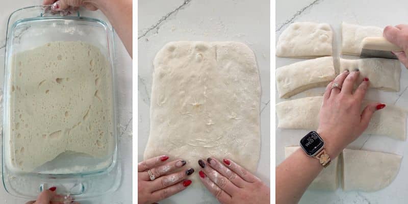 three-step collage showing sourdough ciabatta dough turned out from a 9×13-inch baking dish, patted into a rectangle, and divided into 8 pieces