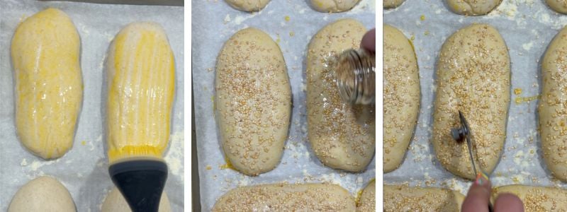egg wash, sesame seeds, and scoring hoagie rolls before baking