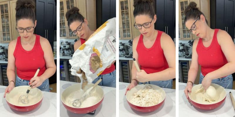 four-step collage of mixing sourdough ciabatta dough, from whisking ingredients to hand-mixing the dough