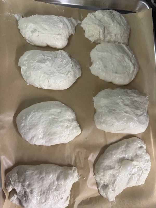 sticky, misshapen rolls caused by not enough bench flour for the ciabatta rolls