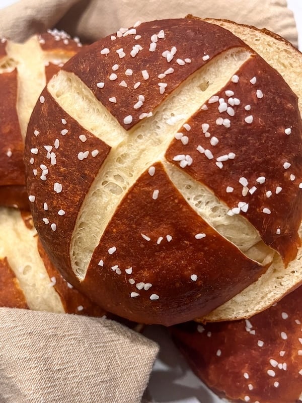 pretzel bun sliced in half