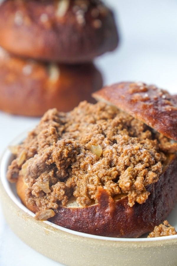 sloppy joes on pretzel buns