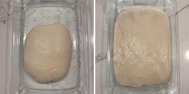 sourdough ciabatta dough at the beginning and end of bulk fermentation in a 9×13-inch baking dish
