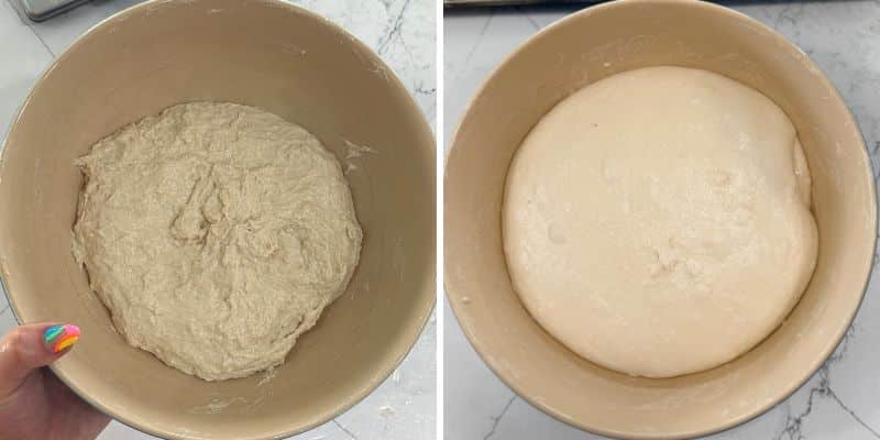 sourdough ciabatta dough at the beginning and end of bulk fermentation in a mixing bowl