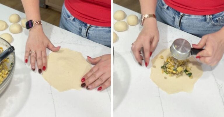 spread out dough circle and heap on filling