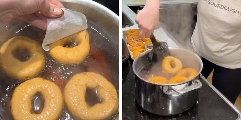boiling and flipping pumpkin bagels
