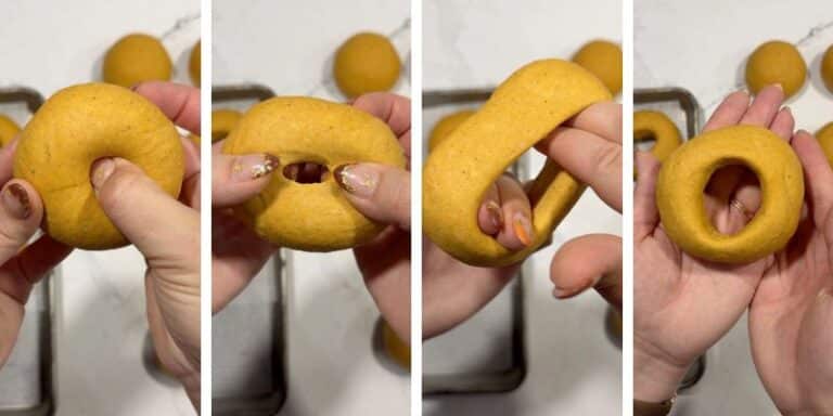 poking hole on pumpkin sourdough bagels
