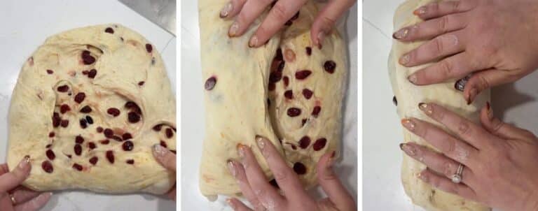 shaping the orange cranberry sourdough loaf step 1