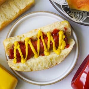 top down view of hot dog ready to eat