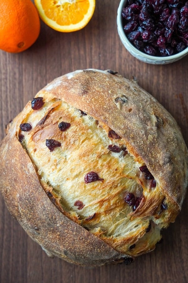 beautiful loaf of orange cranberry sourdough bread