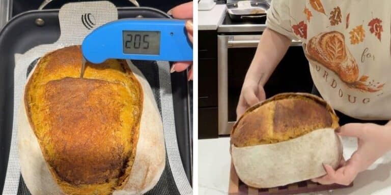 checking temp of baked loaf and moving to cooling rack