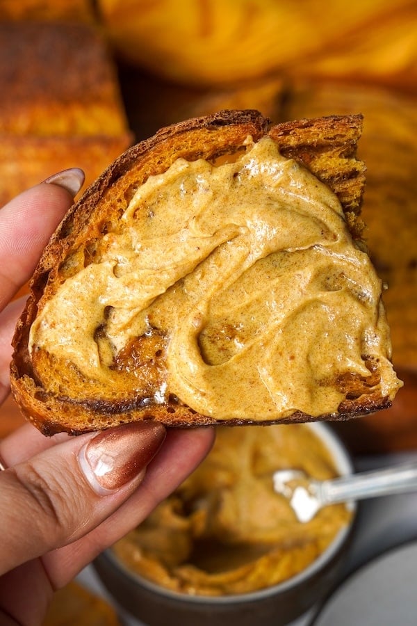 close up of the whipped pumpkin butter on a toasted slice