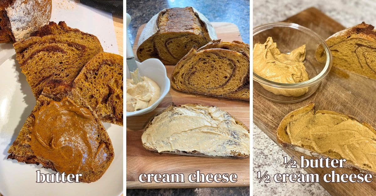 pumpkin spread made with butter, with cream cheese, and with half butter, half cream cheese